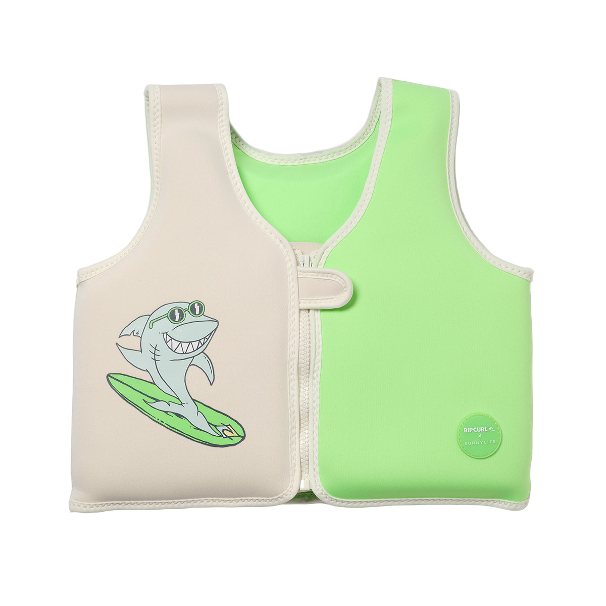 Children's safety vest with shark design on a light gray background