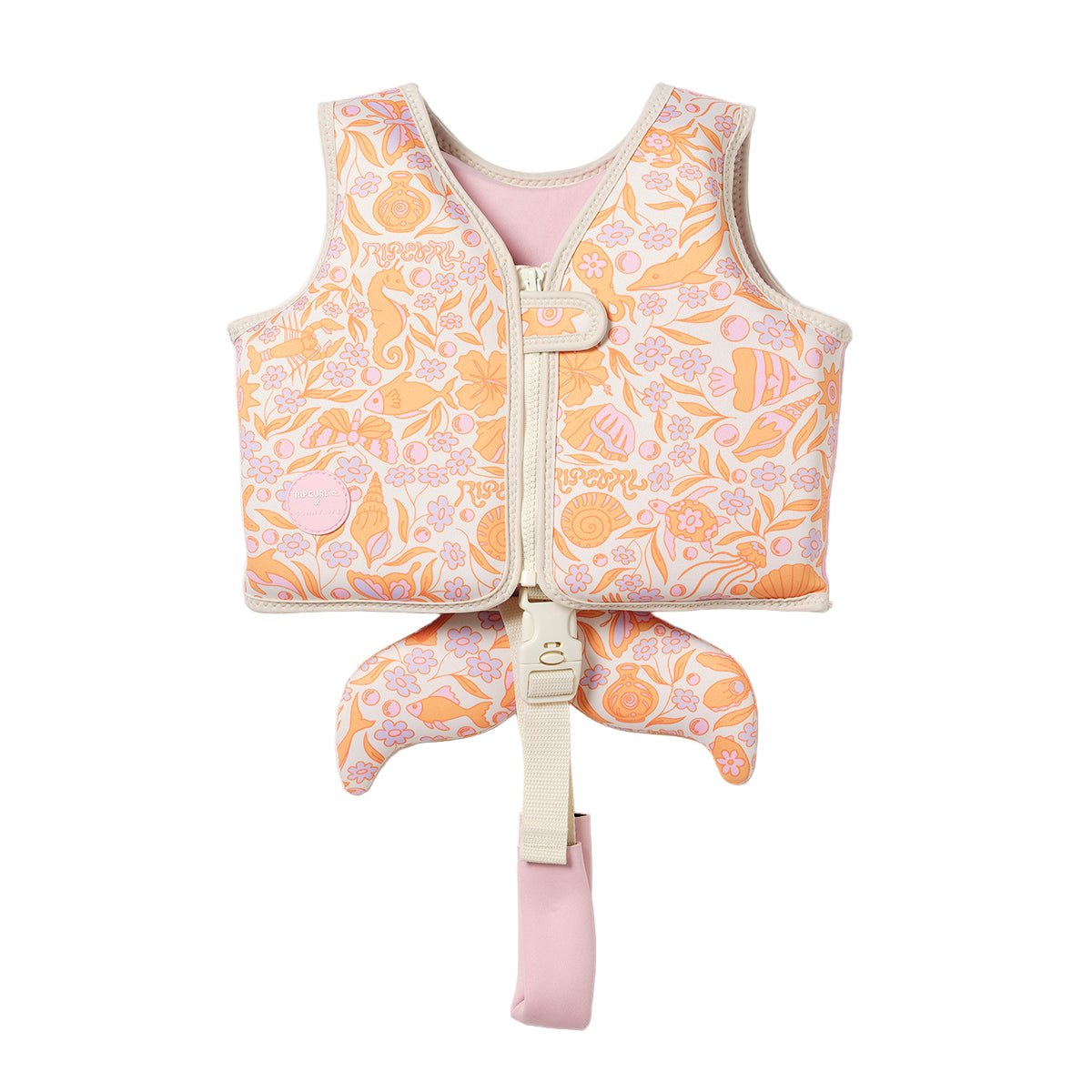 Floral-patterned life jacket on a light gray background