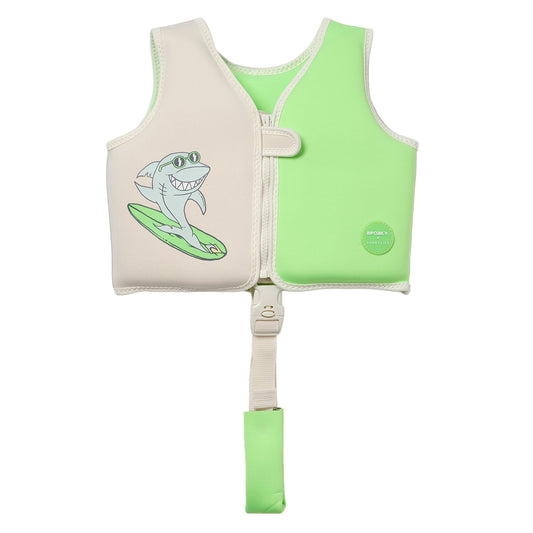 Children's life jacket with shark design on a white background