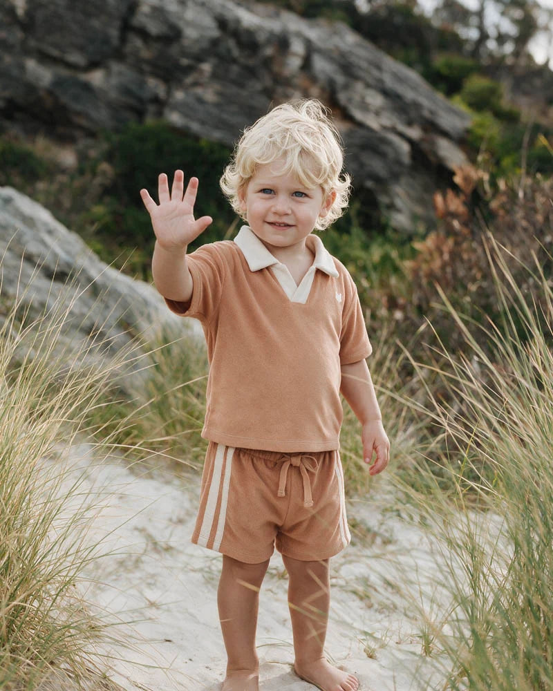 FOX AND FINCH | CARAMEL SIDE STRIPE TOWELLING SHORTS