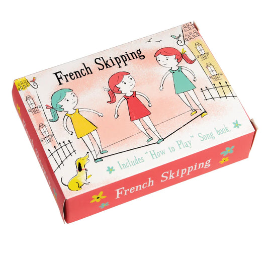 Box for 'French Skipping' with illustrations of children and a dog on a white background