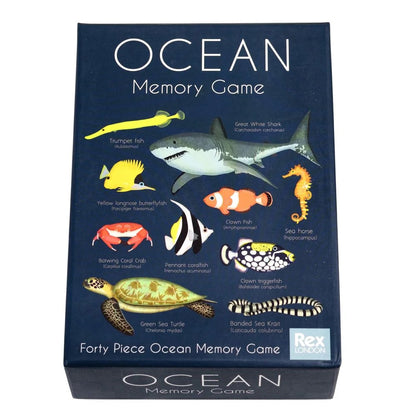 Box of 'Ocean Memory Game' with illustrations of ocean animals on a blue background