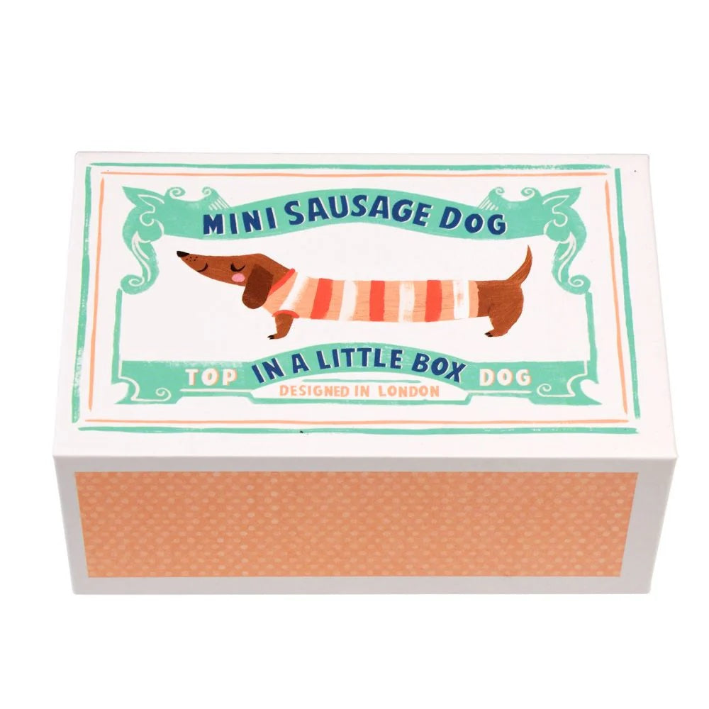 Box with a design of a sausage dog and text on a white background