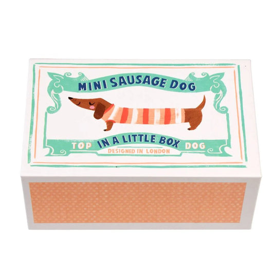 Box with a design of a sausage dog and text on a white background