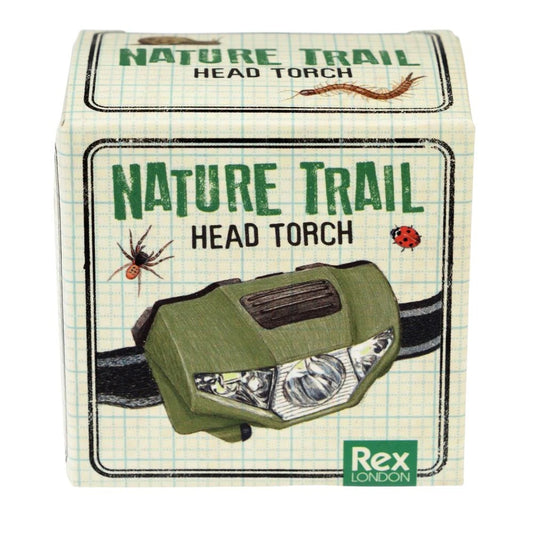 Box for a 'Nature Trail' head torch with illustrations of insects on a checkered background.