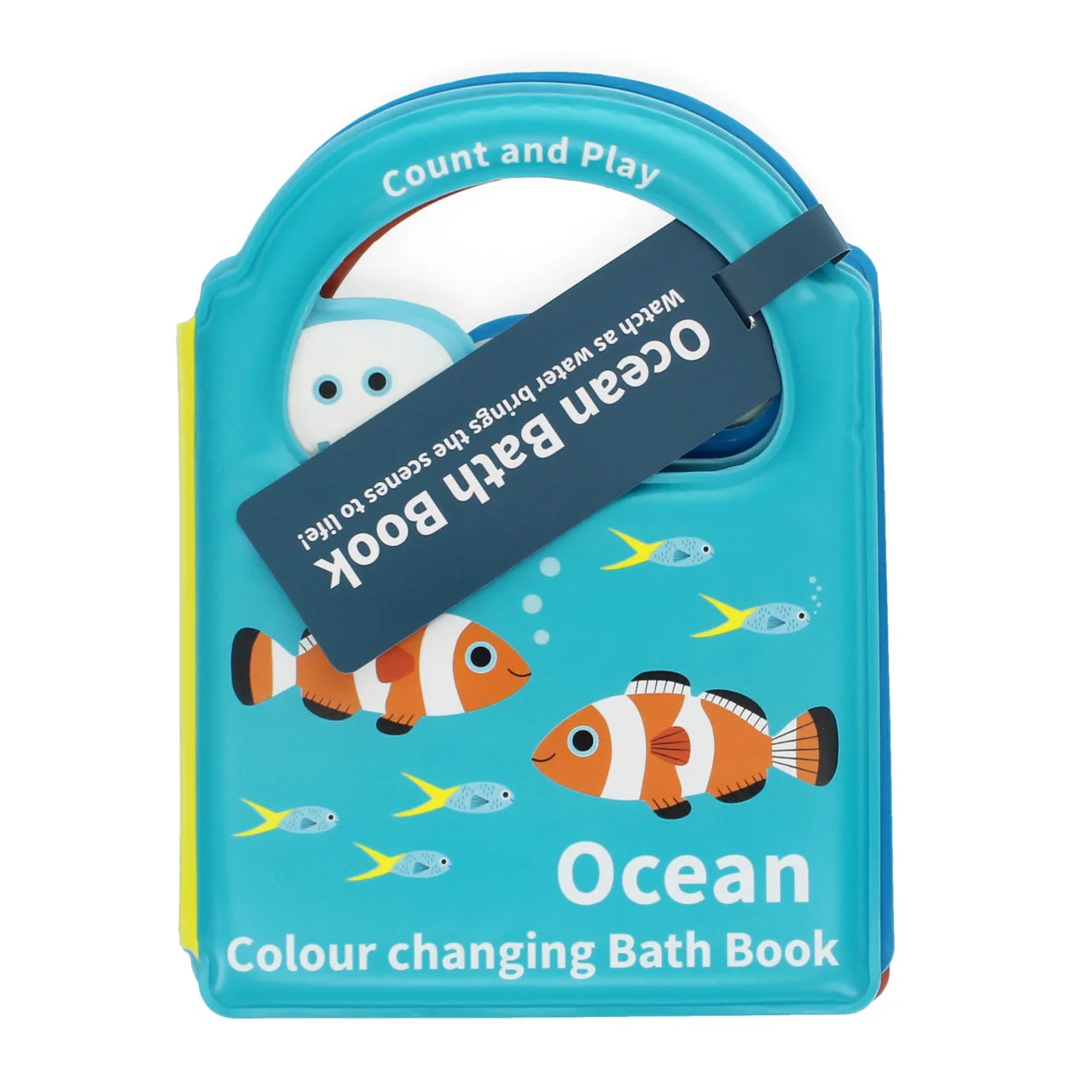 Children's bath book with ocean-themed illustrations on a blue background