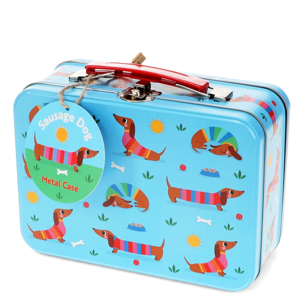 Blue metal case with sausage dog illustrations on a white background