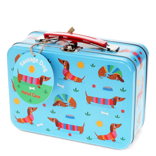 Blue metal case with sausage dog illustrations on a white background