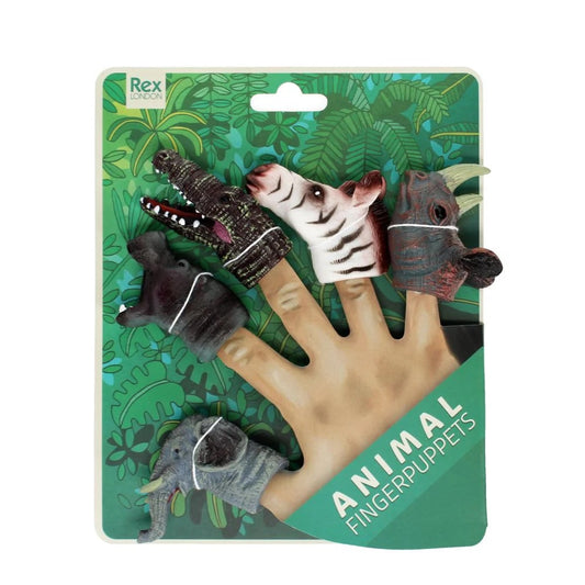 Set of animal finger puppets on a green packaging with a hand model showing how to use them.