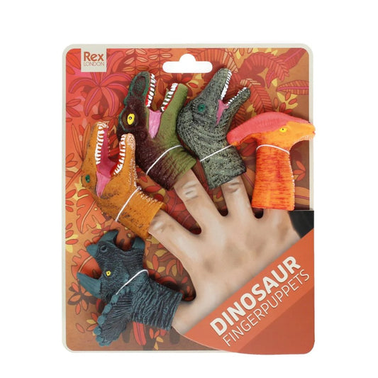 Packaging of dinosaur finger puppets with a hand model showing usage.