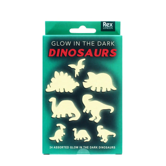Rex London Glow in the Dark Dinosaurs set in its original packaging, featuring 24 assorted glow-in-the-dark dinosaur silhouettes on a green and black card.