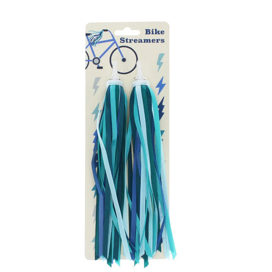 A pair of bicycle streamers attached to a cardboard backing card with a bicycle illustration and the text 'Bike Streamers.' The streamers are made of multiple ribbons in shades of blue, teal, and light aqua.