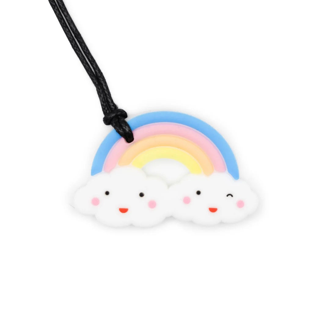 Necklace with a rainbow and cloud charm on a white background