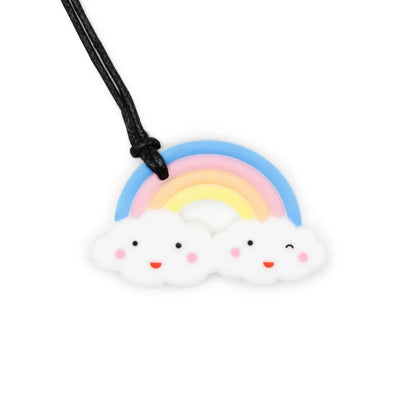 Necklace with a rainbow and cloud charm on a white background