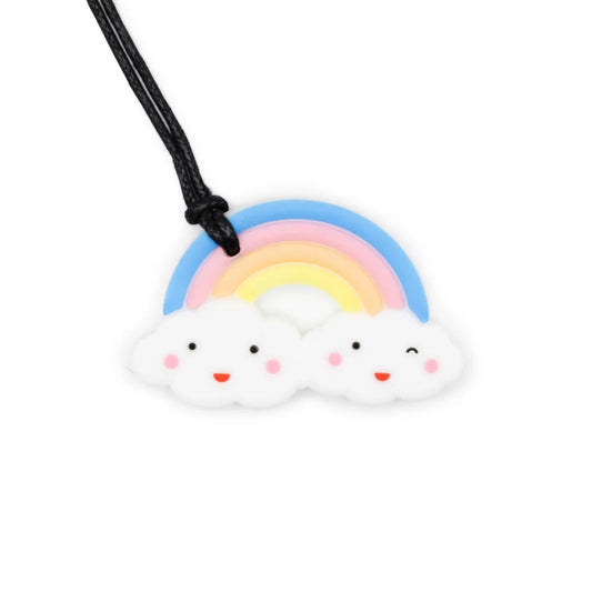 Necklace with a rainbow and cloud charm on a white background