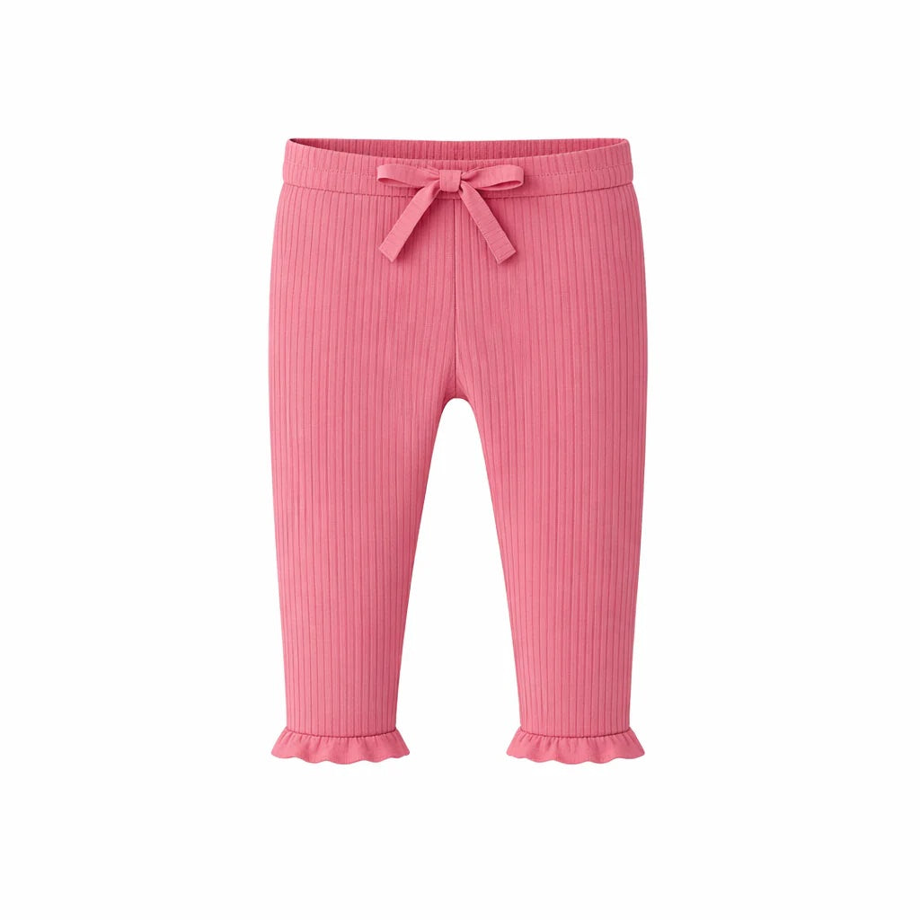 Pink ribbed pants with a bow on a white background