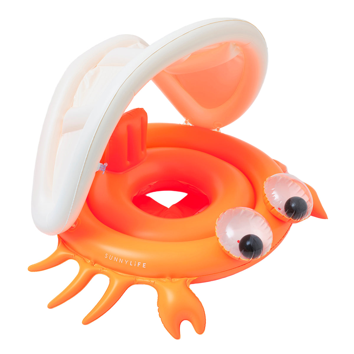 Orange inflatable crab toy with googly eyes on a white background