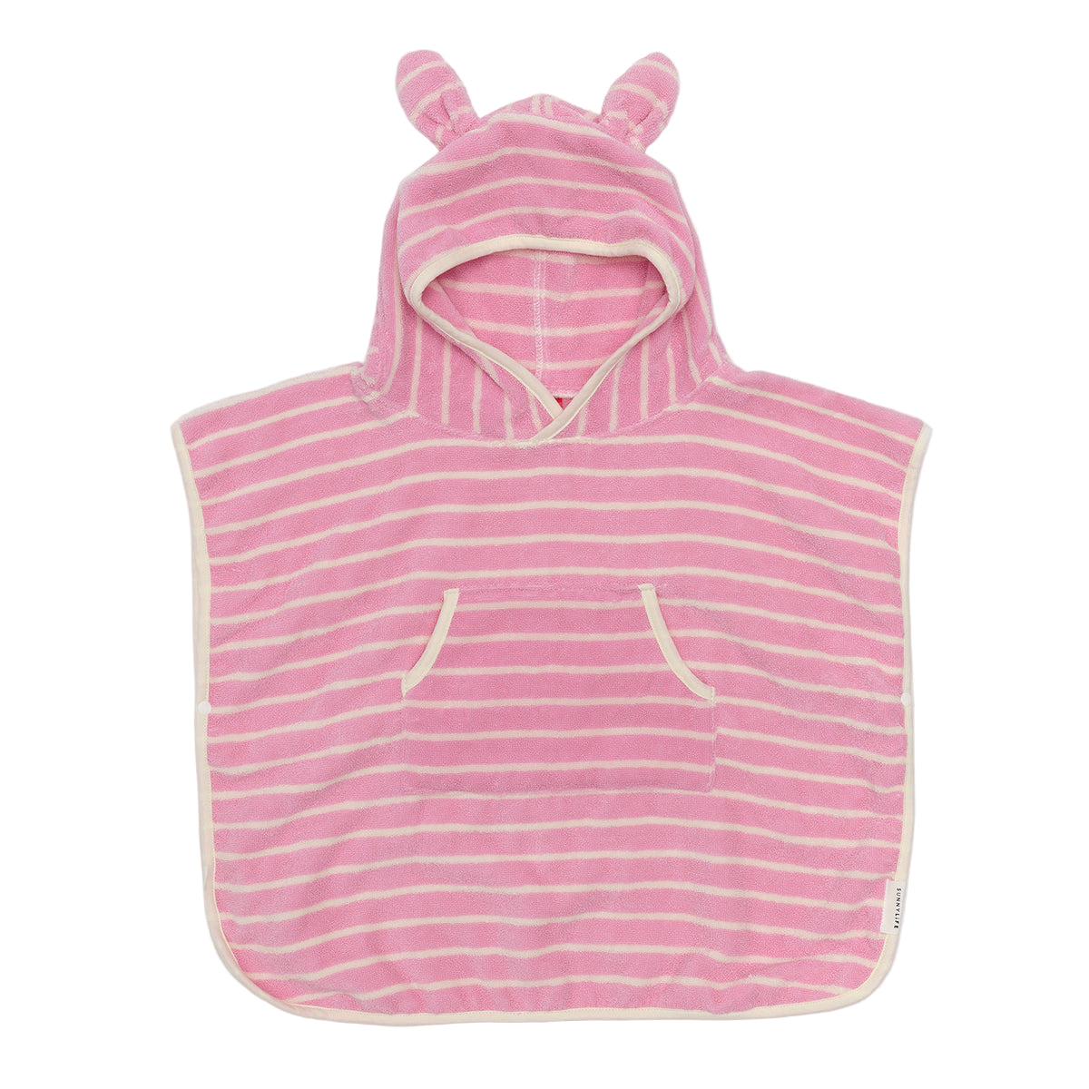 Pink and white striped baby poncho with hood on a light gray background
