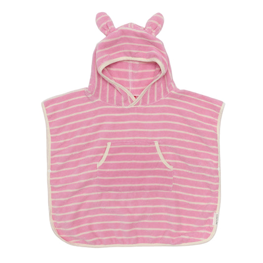 Pink and white striped baby poncho with hood on a light gray background