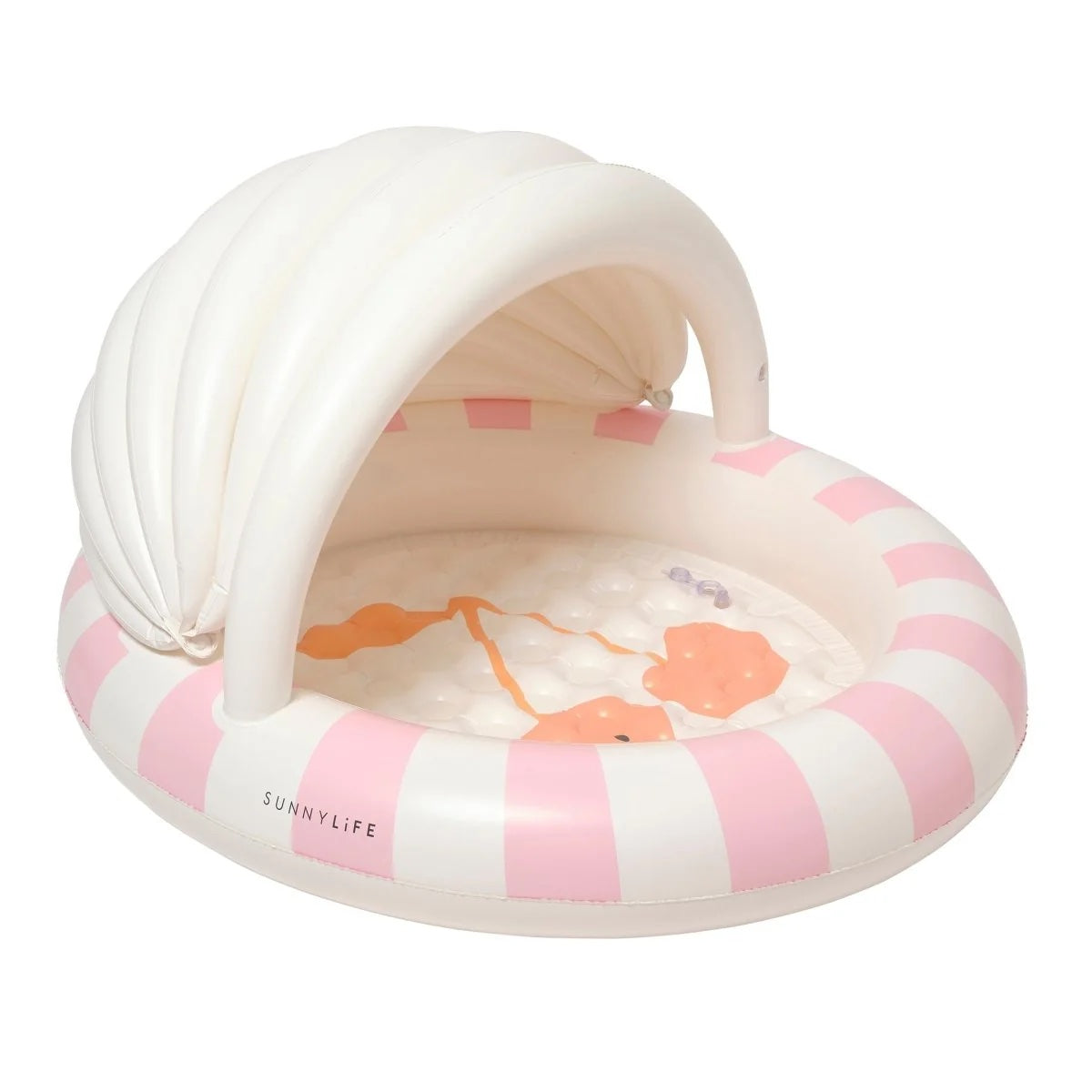 Inflatable pool with striped design and cartoon character on a white background