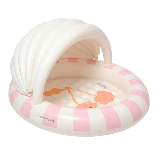 Inflatable pool with striped design and cartoon character on a white background