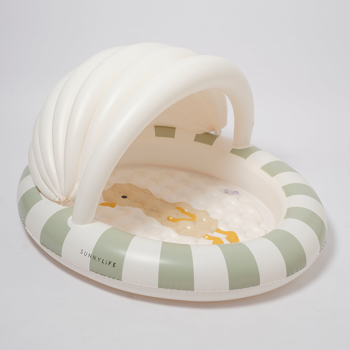 Inflatable swan pool float with duck design on a light gray background