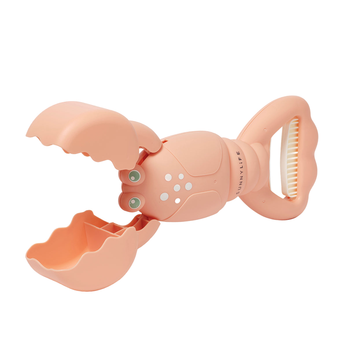 Pink crab-shaped tool with a textured surface on a white background