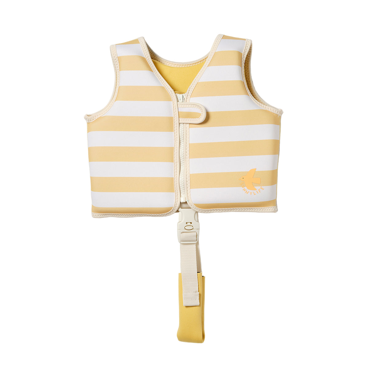 Yellow and white striped baby life jacket on a light gray background
