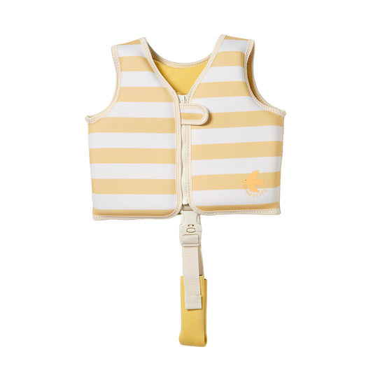 Yellow and white striped baby life jacket on a light gray background