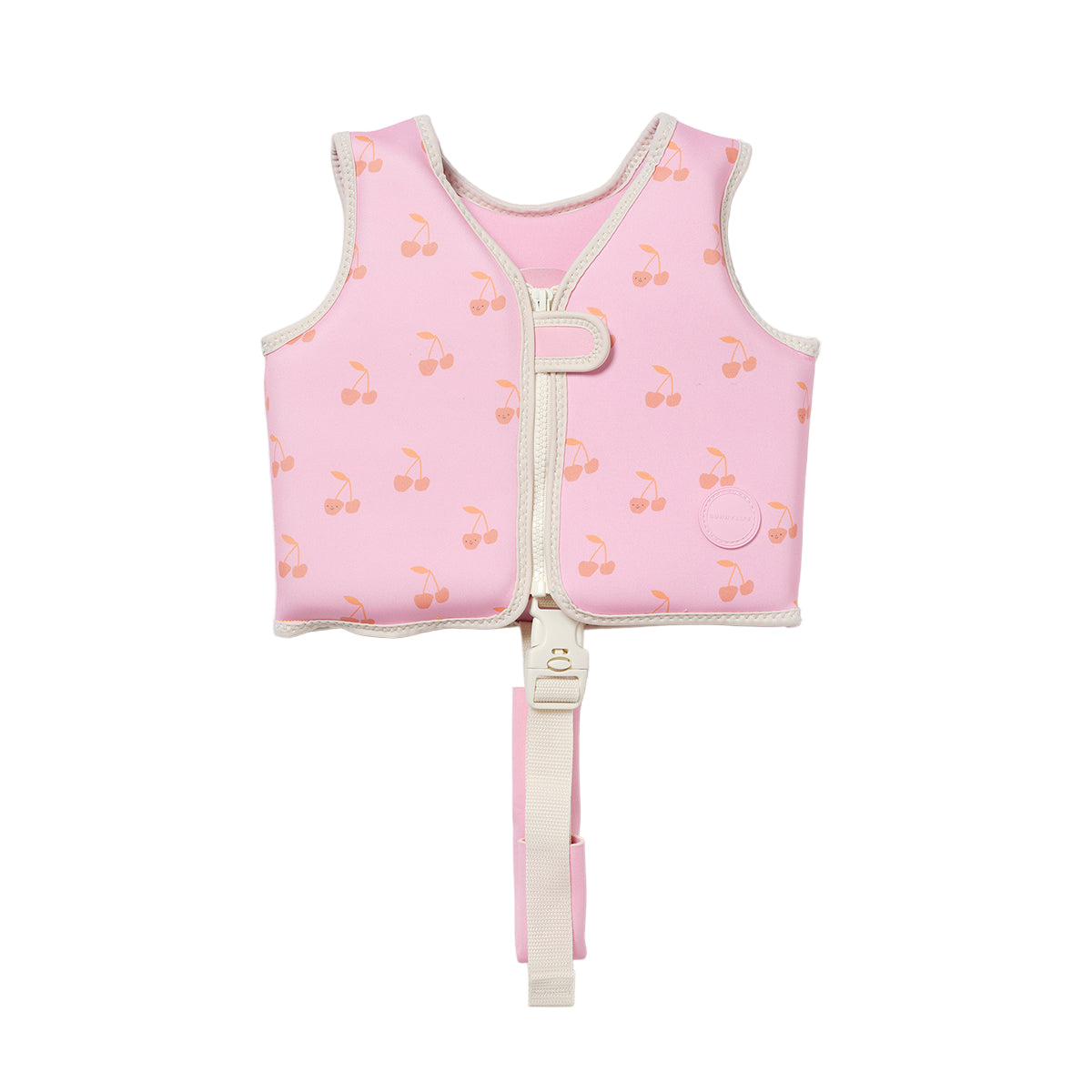 Pink children's life jacket with cherry pattern on a light gray background