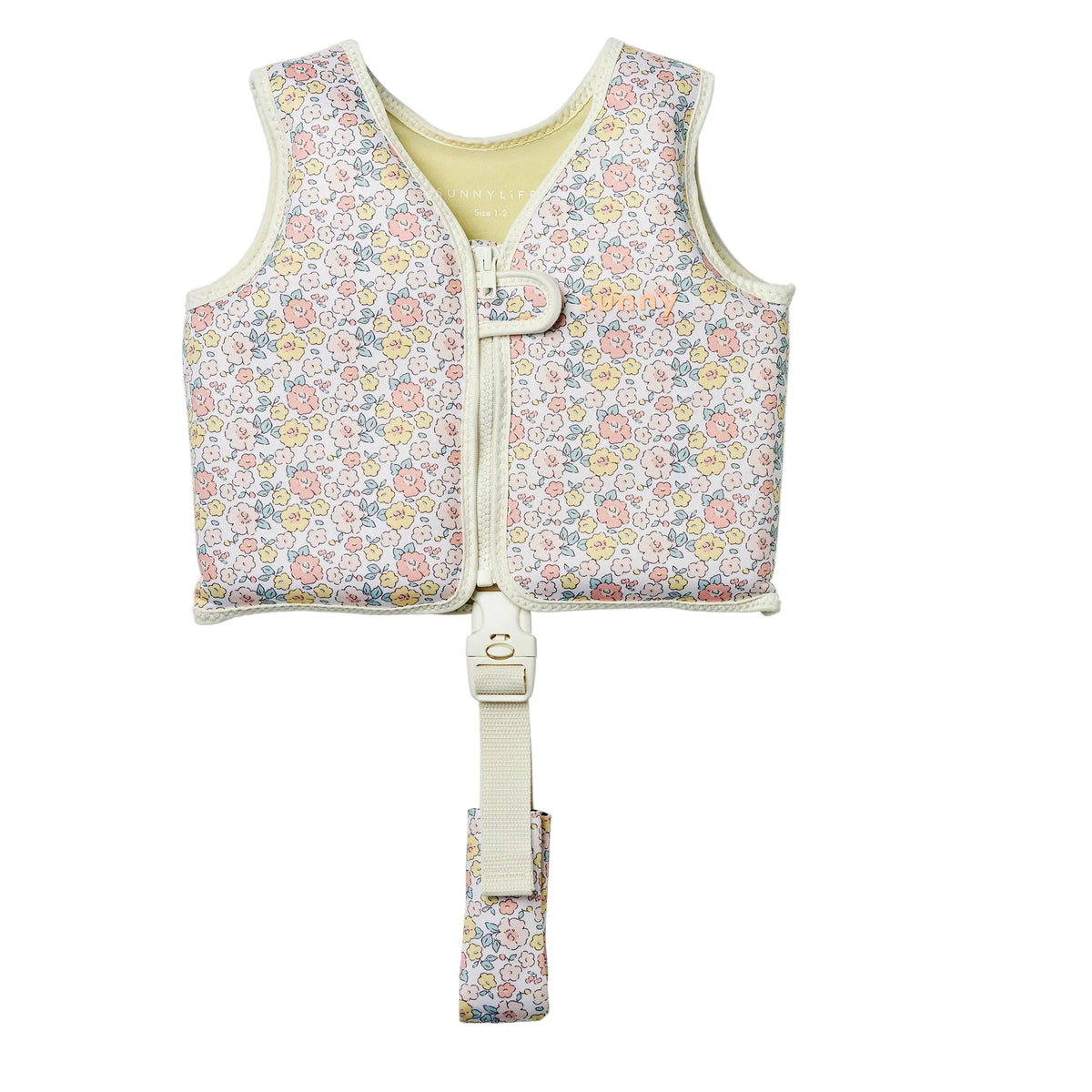 Floral patterned baby vest with a strap on a white background