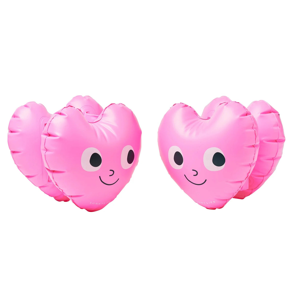 Two pink heart-shaped balloons with faces on a white background