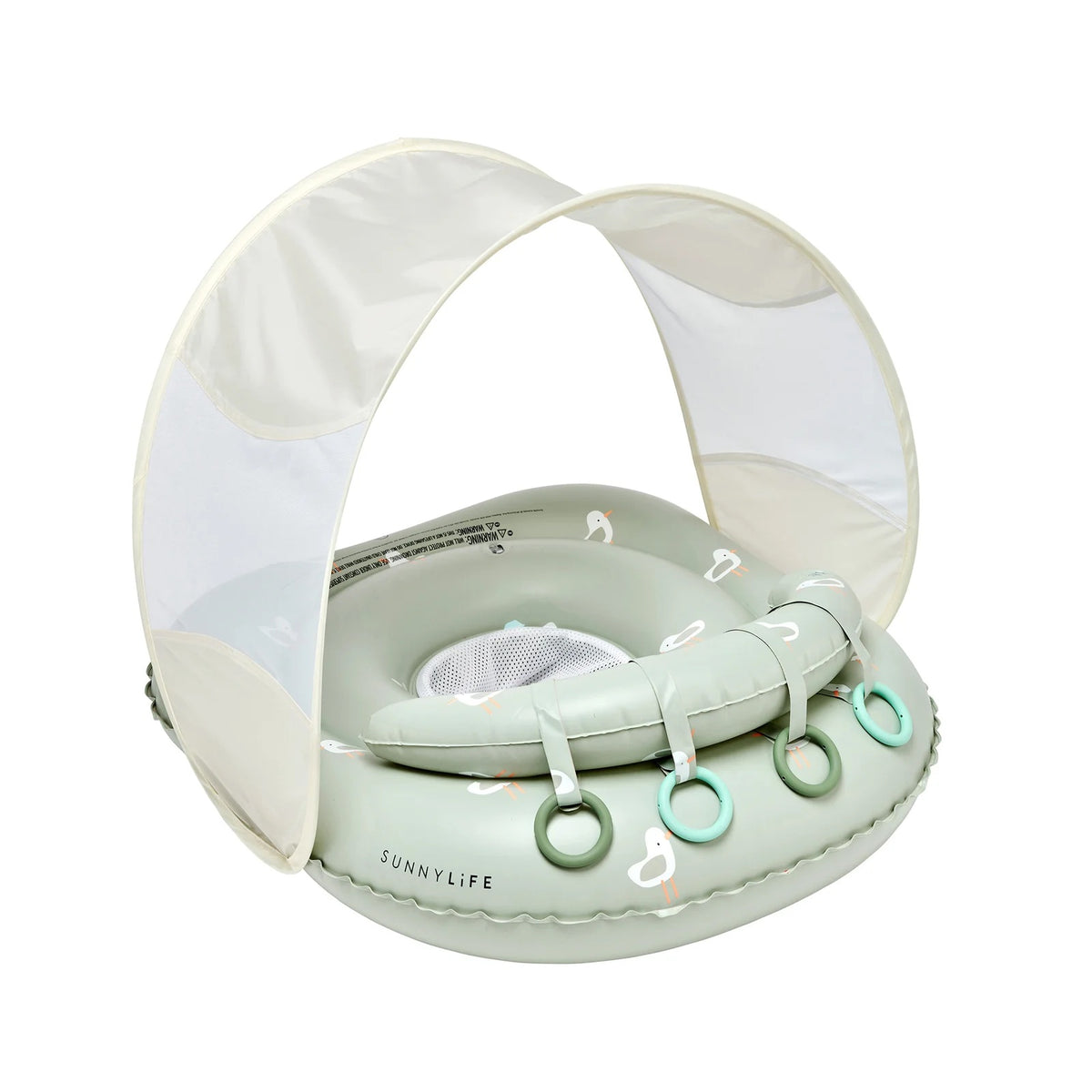 Mint green baby inflatable swim ring with canopy on a white background