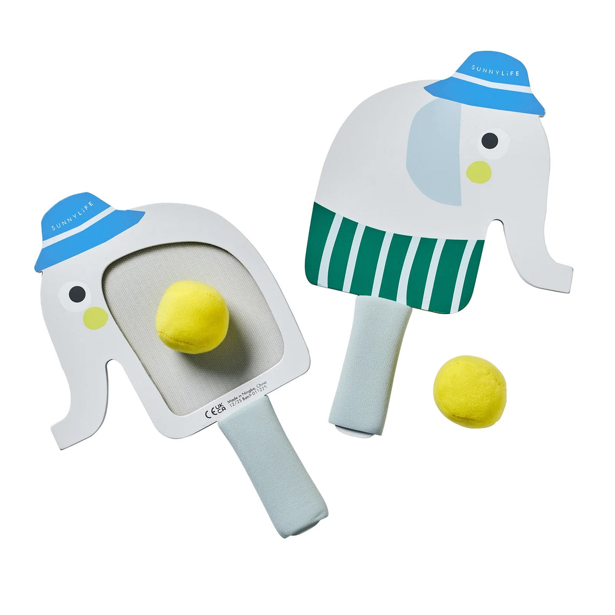 Two elephant-shaped paddle toys with yellow balls on a white background