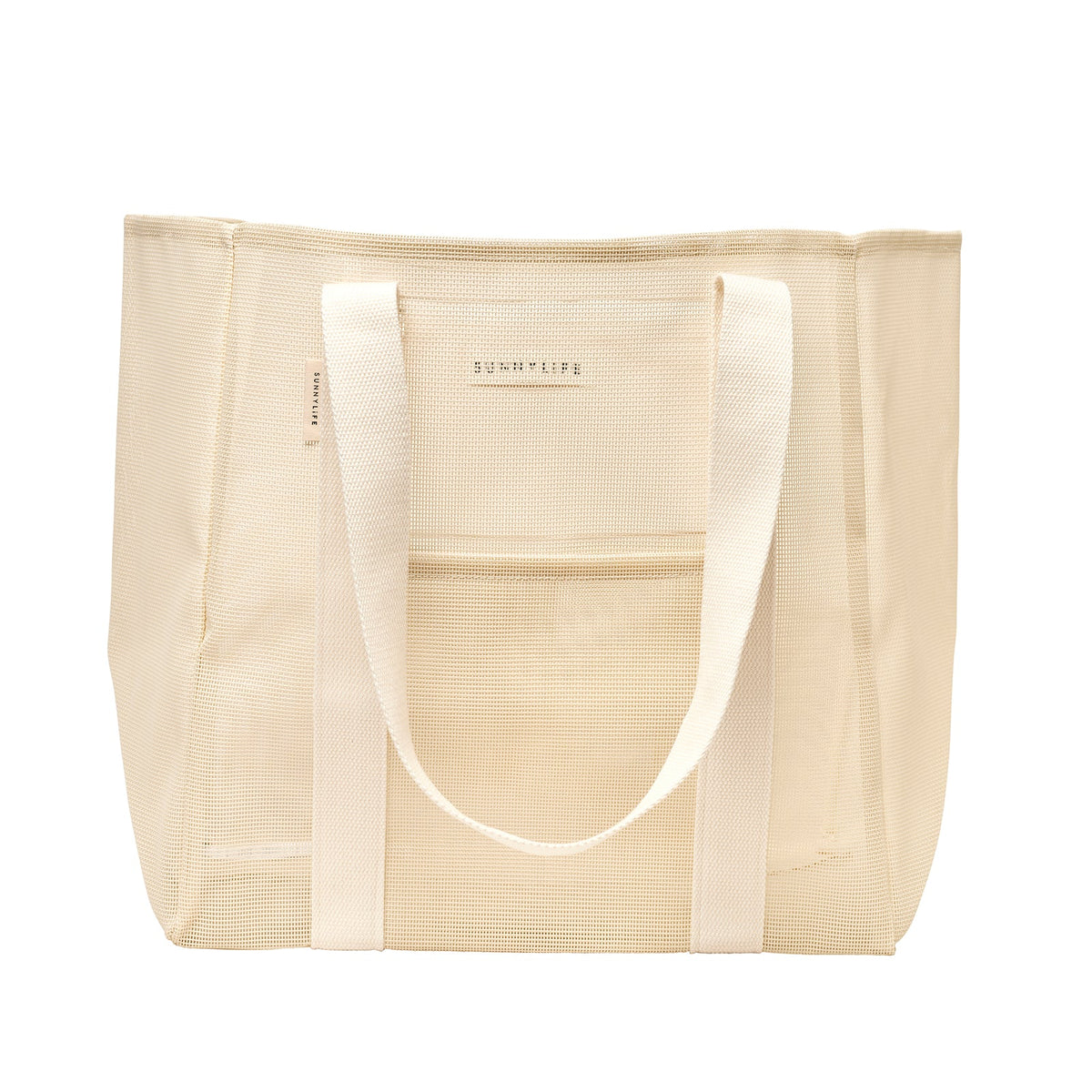 Beige tote bag with white handles on a white background
