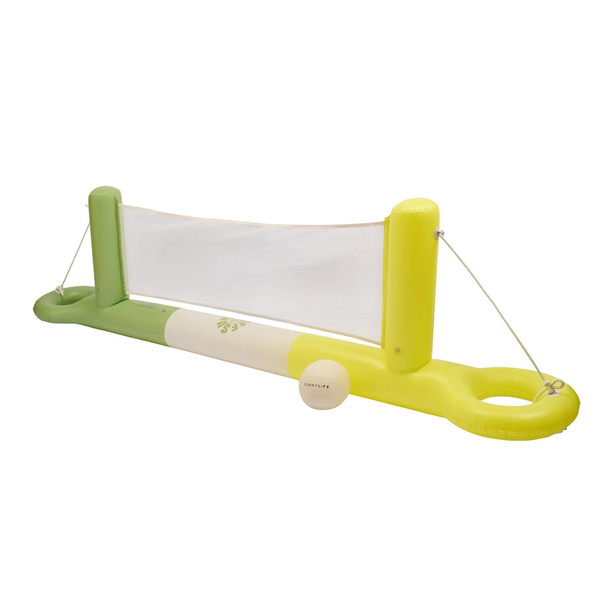 An inflatable pool table game set with a green and yellow frame, a white mesh net, and a white ball on a plain white background.