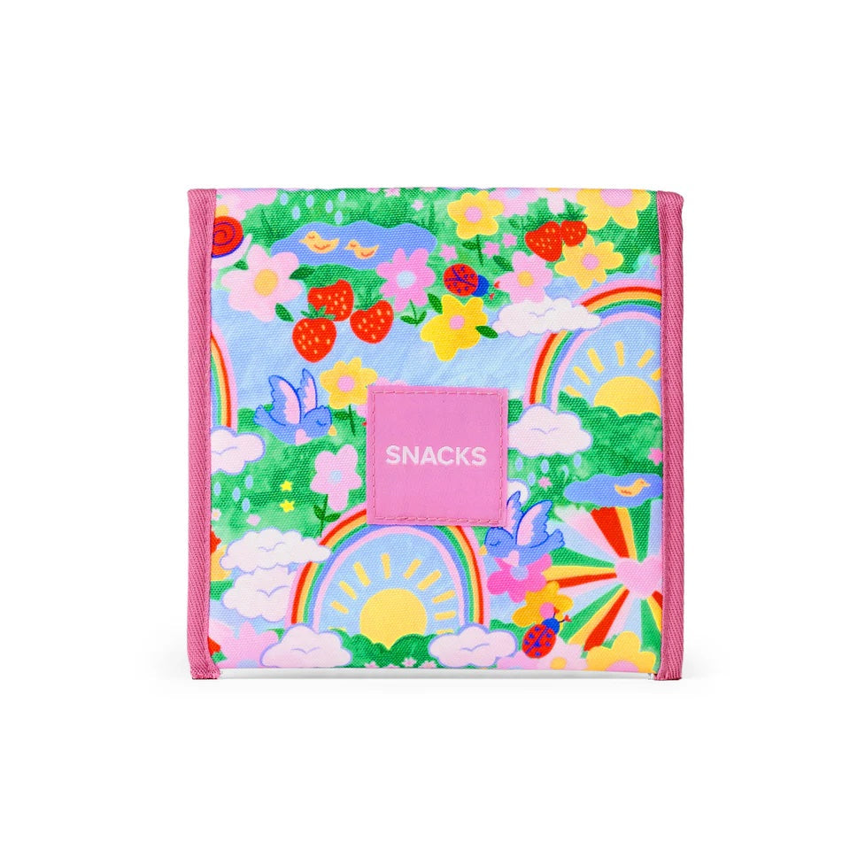 Colorful snack bag with a rainbow and cloud design on a white background