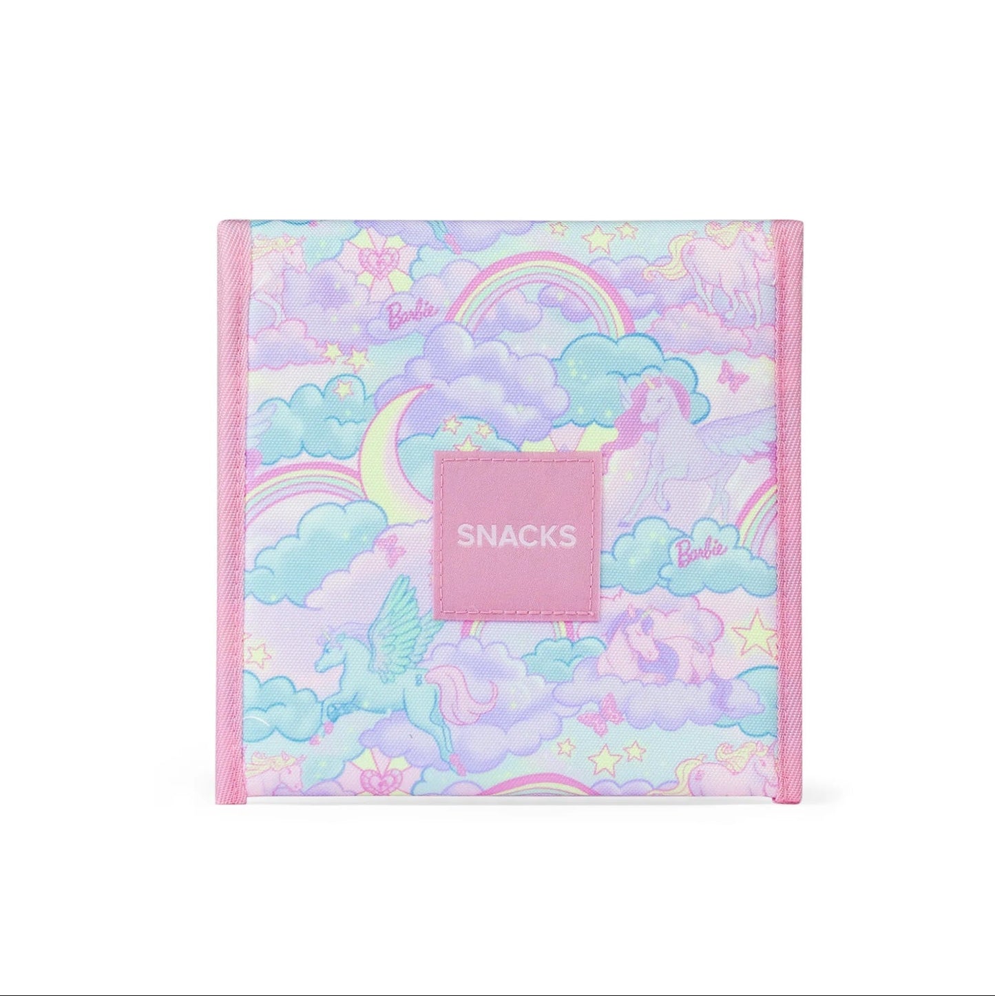 Pastel-colored snack bag with rainbow and cloud design on a white background