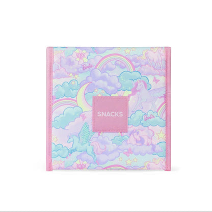 Pastel-colored snack bag with rainbow and cloud design on a white background