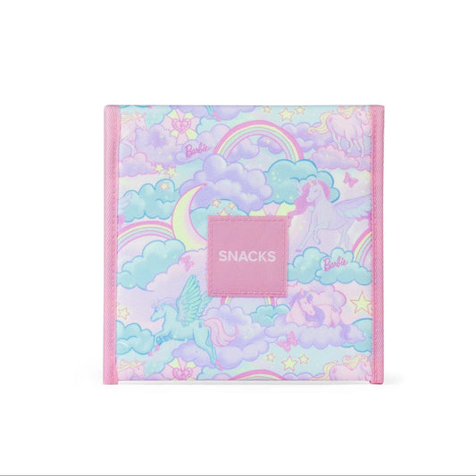 Pastel-colored snack bag with rainbow and cloud design on a white background