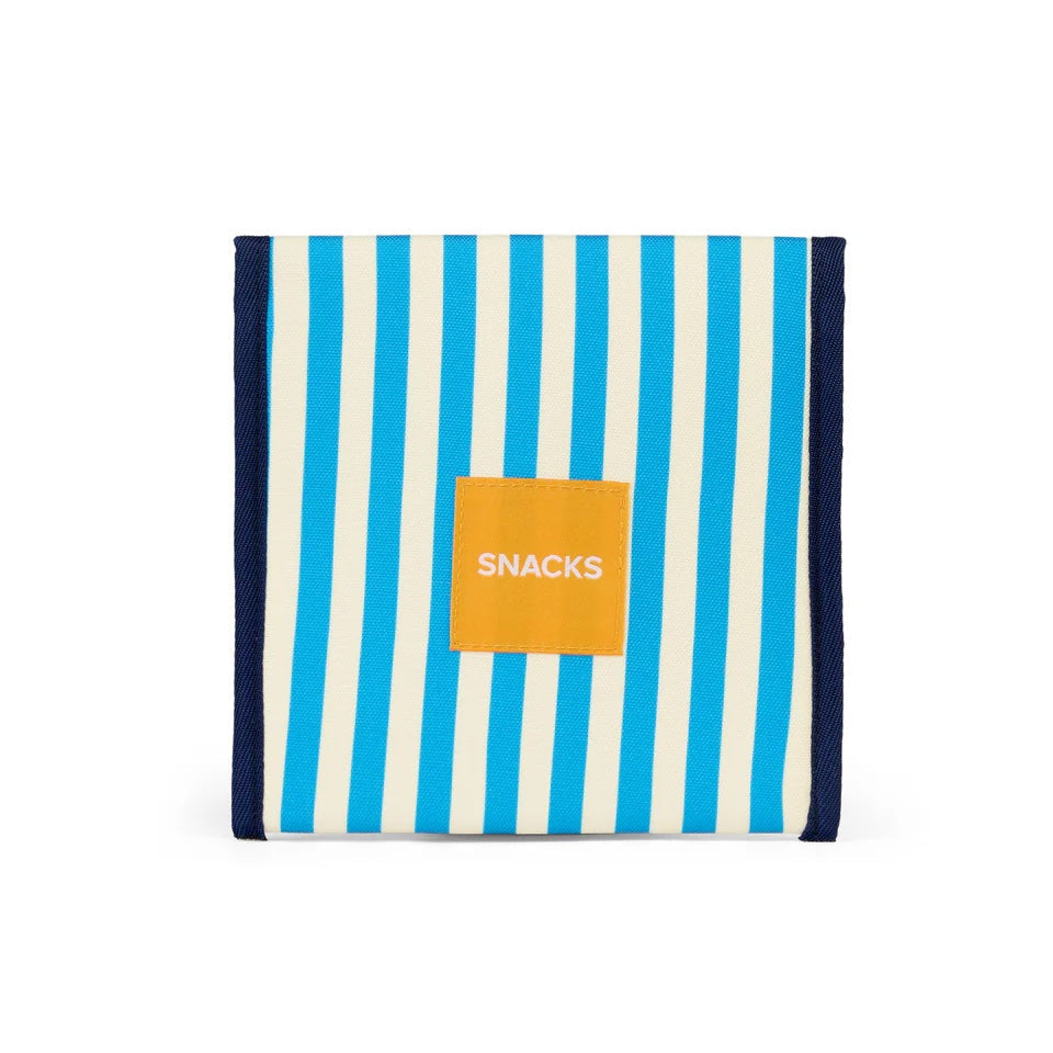 Striped snack bag with a 'SNACKS' label on a white background