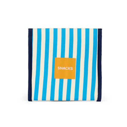 Striped snack bag with a 'SNACKS' label on a white background