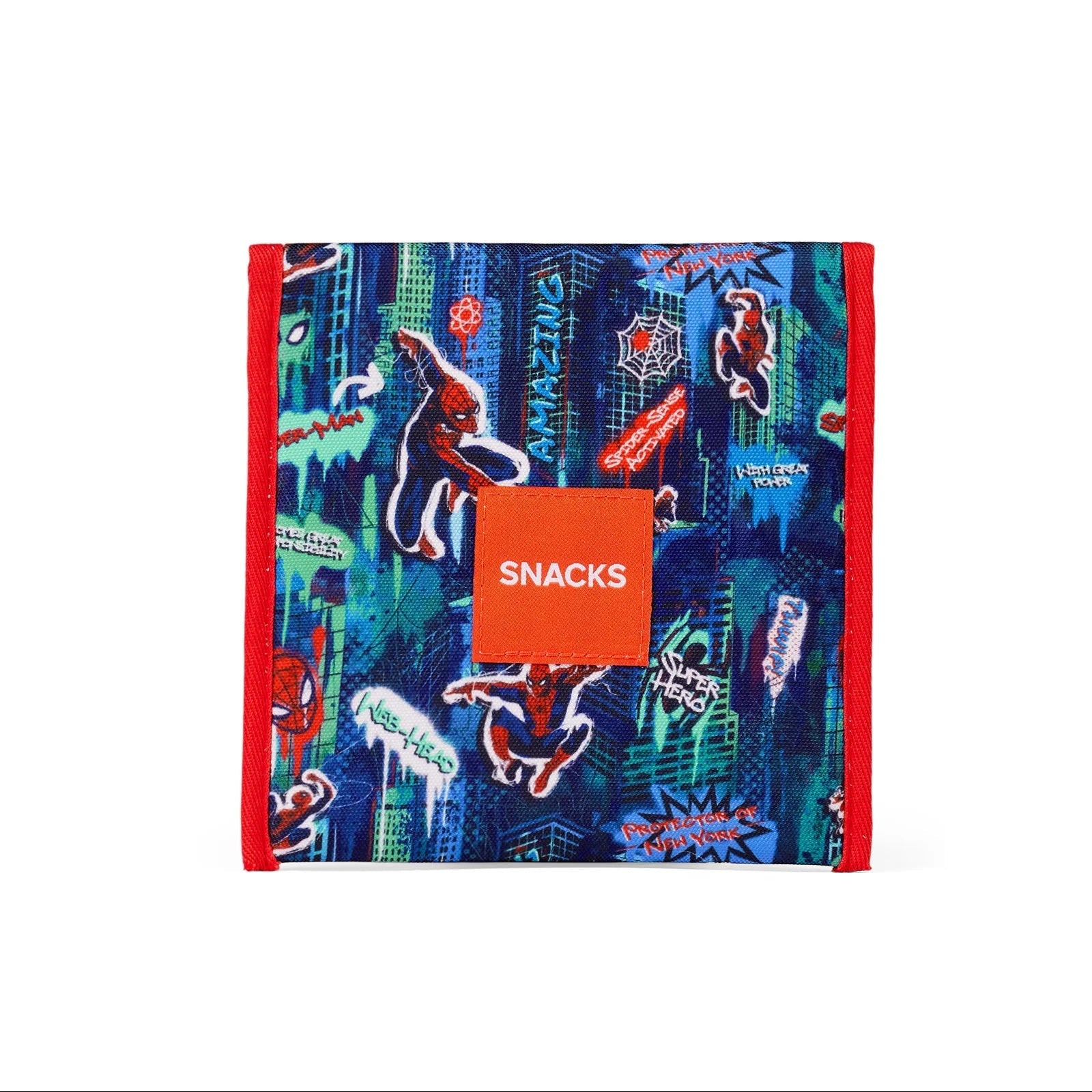 Snack bag with superhero design and 'SNACKS' label on a white background