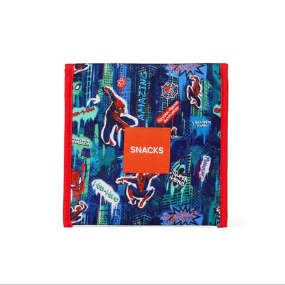 Snack bag with superhero design and 'SNACKS' label on a white background