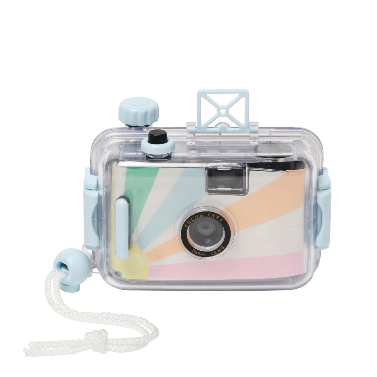 Pastel-colored camera with clear case on a white background