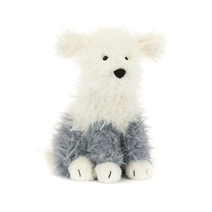 Plush toy polar bear with white fur and gray legs on a white background