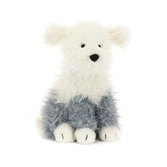 Plush toy polar bear with white fur and gray legs on a white background