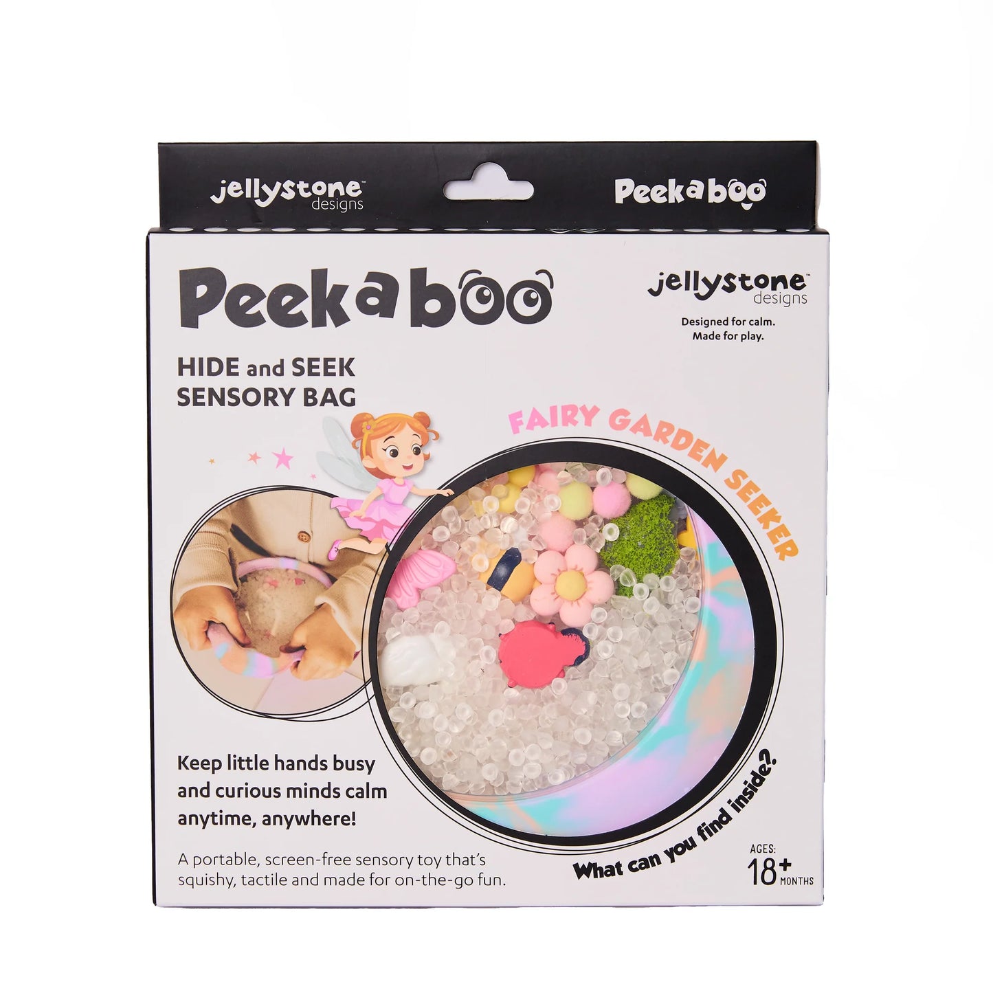 PeekaBoo hide and seek sensory bag packaging with images of a fairy and a pink apple.