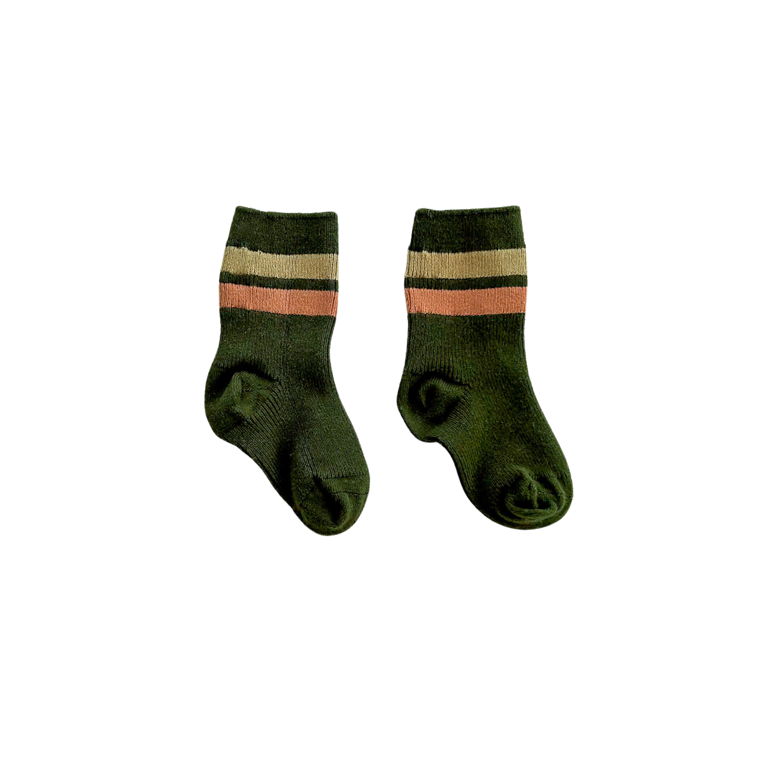 Pair of green socks with pink and beige stripes on a white background