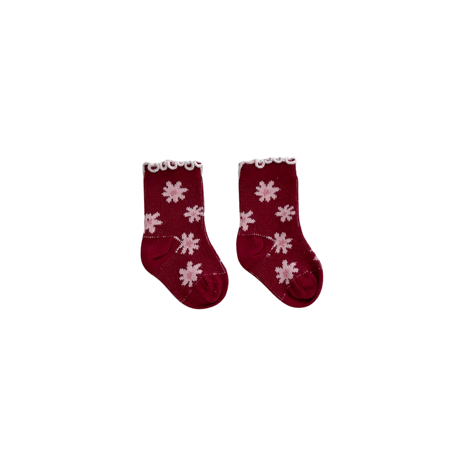 Pair of red socks with white flower patterns on a white background